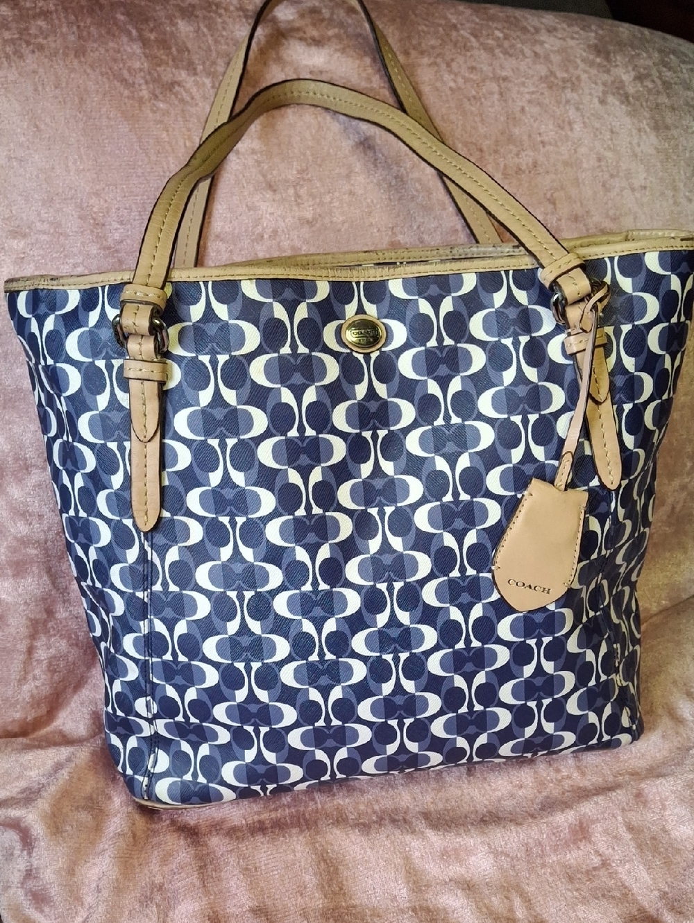 Coach Blue Dream C Design Canvas Large Tote with Tan Leather Trim